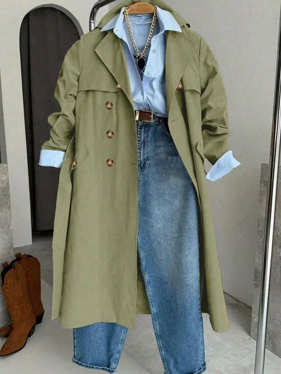 Green Casual Women's Long Sleeve Single-Breasted Trench Coat - Picture 4 of 4
